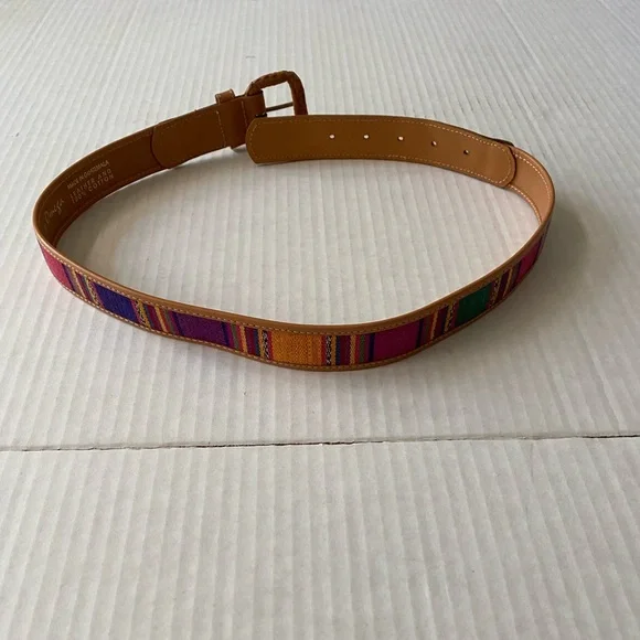Vintage Omega Guatemalan Mayan Cotton Leather Belt Womens Size M Colorful Tribal - Picture 3 of 10